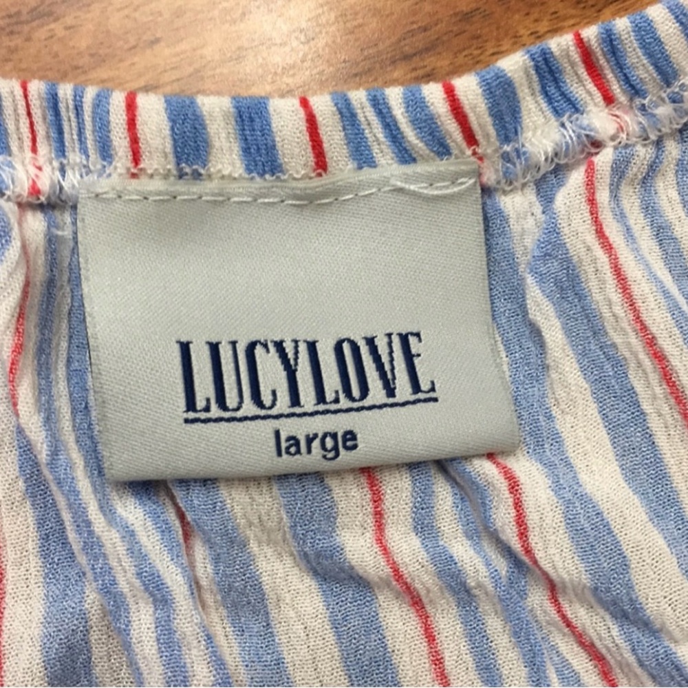 Lucy Love Blue White Stripe Off Shoulder Balloon Sleeve Blouse Tunic Size Large - Picture 12 of 16